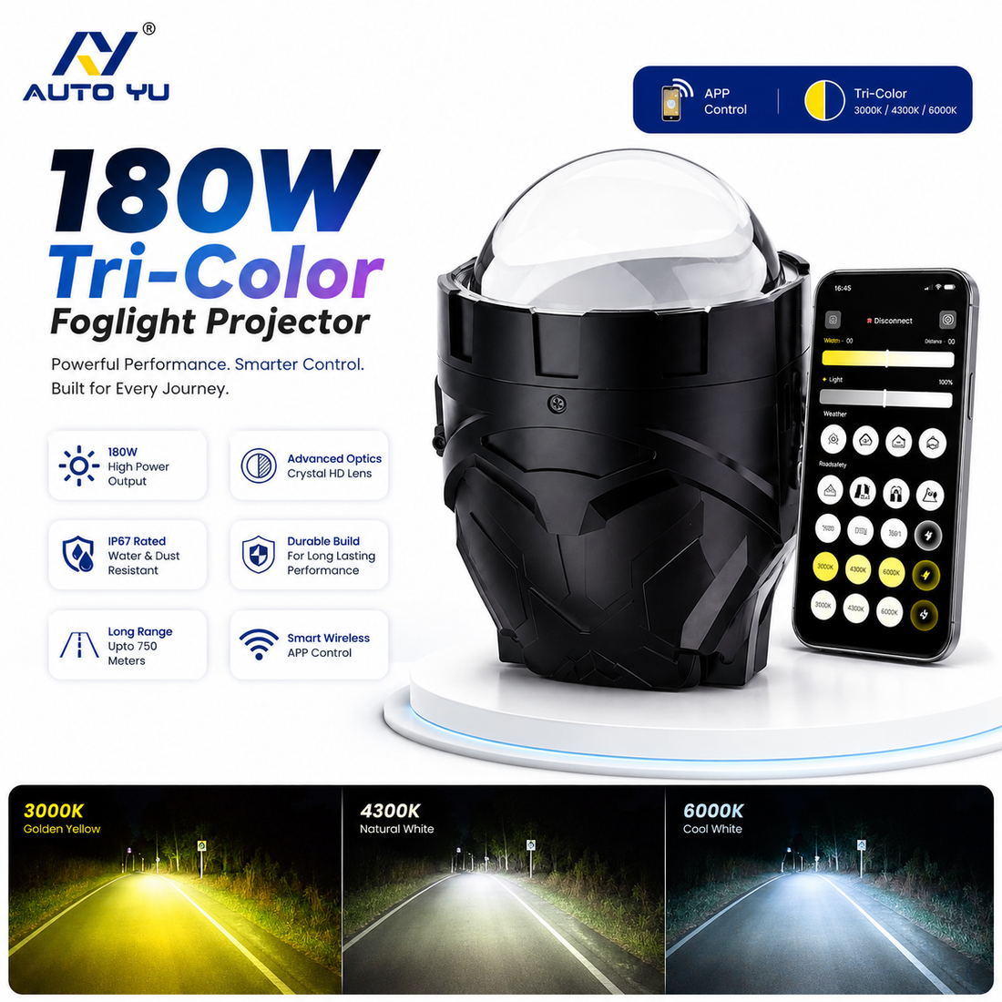 180Watt Tri Colour Projector | 3-Inch Fog Light Projector | 90W × 2 = 180W (Two Years On-Site Complete Warranty)