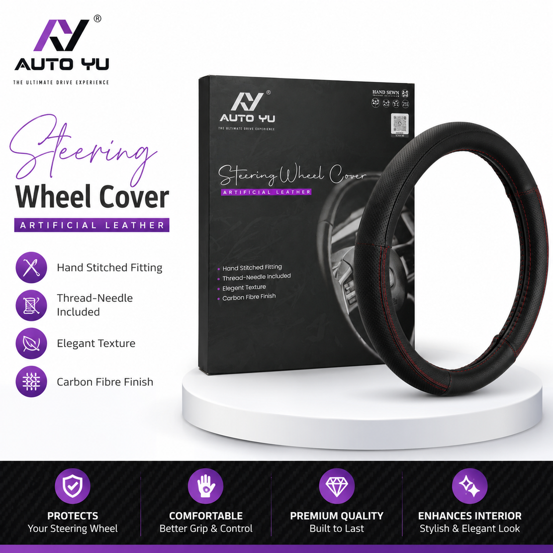 AUTO YU Hand-Stitched Artificial Leather Steering Wheel Cover with Needle & Thread